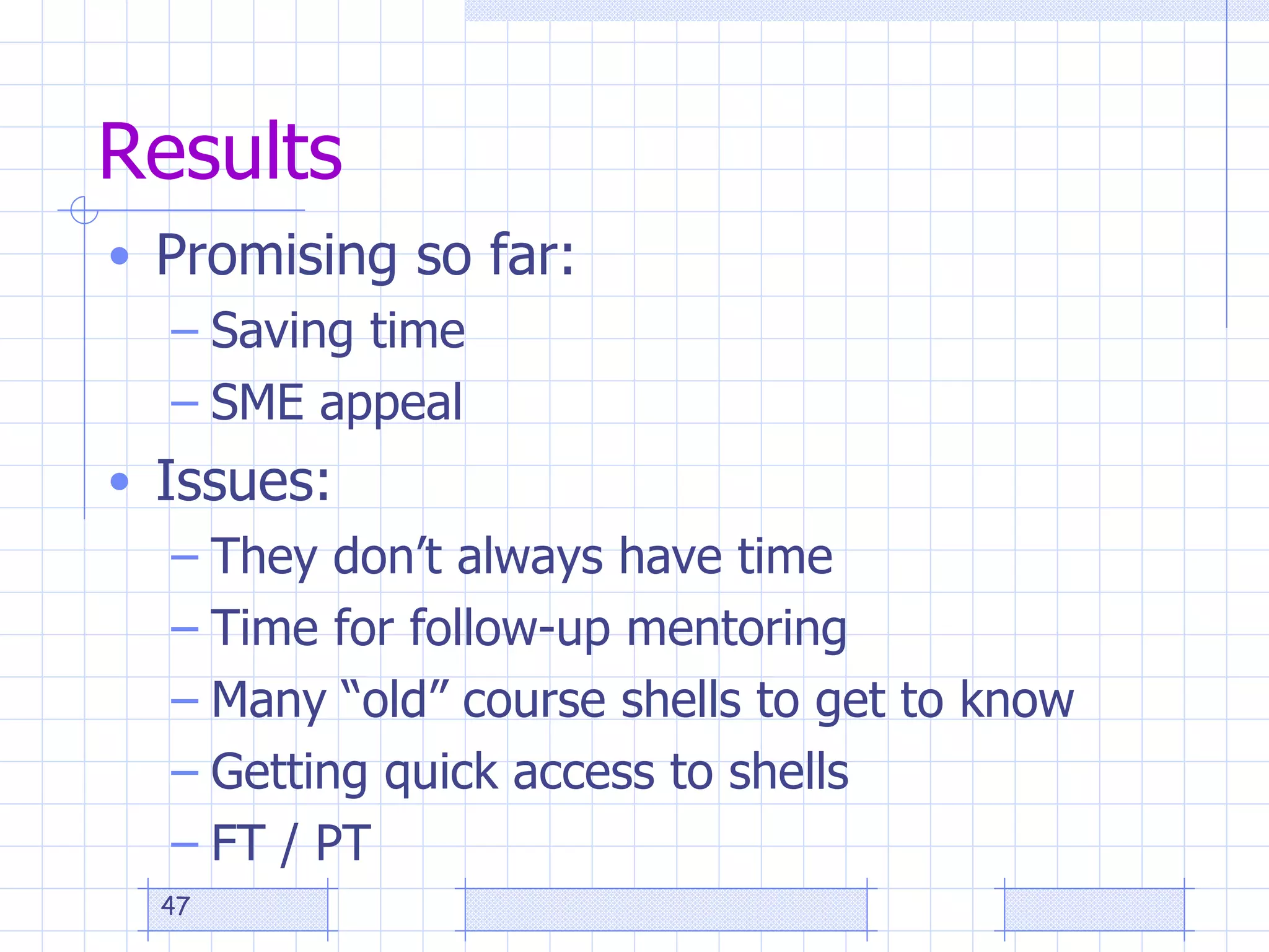 Results Promising so far: Saving time SME appeal Issues: They don’t always have time Time for follow-up mentoring Many “old” course shells to get to know Getting quick access to shells FT / PT  