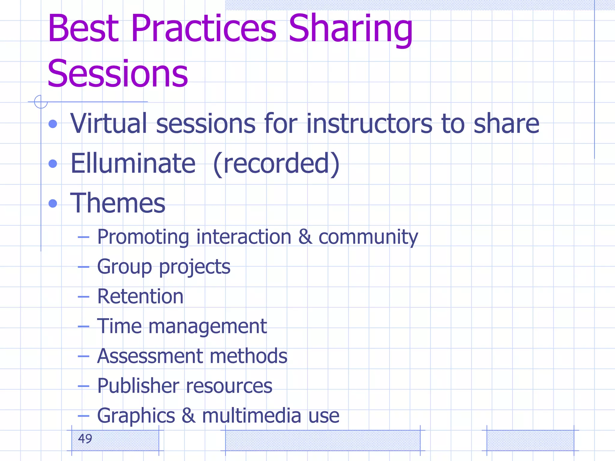 Best Practices Sharing Sessions Virtual sessions for instructors to share Elluminate  (recorded) Themes Promoting interaction & community Group projects Retention Time management Assessment methods Publisher resources Graphics & multimedia use 