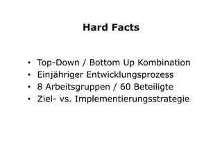 Hard Facts
•  Top-Down / Bottom Up Kombination
•  Einjähriger Entwicklungsprozess
•  8 Arbeitsgruppen / 60 Beteiligte
•  Ziel- vs. Implementierungsstrategie
 