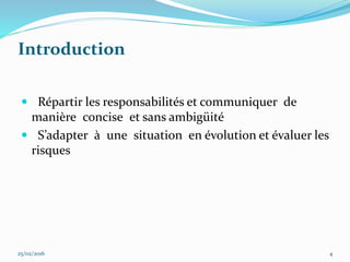 Introduction
 Répartir les responsabilités et communiquer de
manière concise et sans ambigüité
 S’adapter à une situation en évolution et évaluer les
risques
25/02/2016 4
 