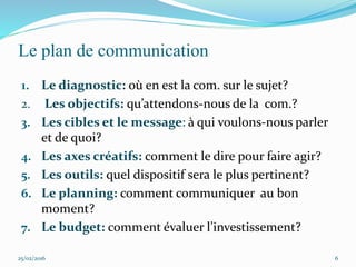 Le plan de communication
1. Le diagnostic: où en est la com. sur le sujet?
2. Les objectifs: qu’attendons-nous de la com.?
3. Les cibles et le message: à qui voulons-nous parler
et de quoi?
4. Les axes créatifs: comment le dire pour faire agir?
5. Les outils: quel dispositif sera le plus pertinent?
6. Le planning: comment communiquer au bon
moment?
7. Le budget: comment évaluer l’investissement?
25/02/2016 6
 