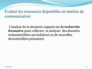Évaluer les ressources disponibles en matière de
communication:
L’analyse de la situation s’appuie sur la recherche
formative pour collecter et analyser des données
existantes(dites secondaires) ou de nouvelles
données(dites primaires)
25/02/2016 10
 