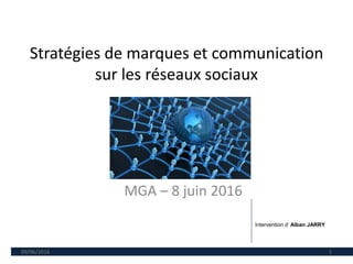 Stratégies de marques et communication
sur les réseaux sociaux
MGA – 8 juin 2016
09/06/2016 1
Intervention d’ Alban JARRY
 