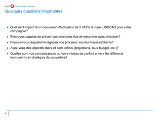 5
⚫ Quel est l’impact d’un mouvement/fluctuation de 5 à10% du taux USDCAD pour votre
compagnie?
⚫ Êtes-vous capable de prévoir vos prochains flux de trésorerie avec précision?
⚫ Pouvez-vous réajuster/renégocier vos prix avec vos fournisseurs/clients?
⚫ Avez-vous des objectifs clairs et bien définis (projections, taux budget, etc.)?
⚫ Quelles sont vos connaissances ou votre niveau de confort envers les differents
instruments et stratégies de couverture?
Quelques questions importantes
 