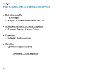 7
⚫ Definir les objectifs
◼ Taux Budget
◼ Analyse de vos entrées et sorties de fonds
⚫ Actions et instruments de couverture permis
◼ Comptant, Contract à terme, Options
⚫ Procédures
◼ Exécution des transactions
⚫ Contrôles
◼ Confirmation et audit interne
* Document / Guide disponible
Pour débuter, bâtir une politique de devises
 