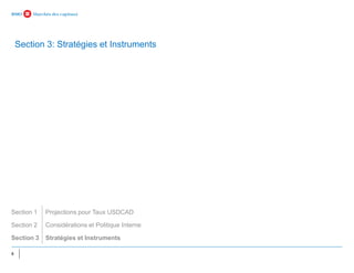 8
Section 3: Stratégies et Instruments
Section 1 Projections pour Taux USDCAD
Section 2 Considérations et Politique Interne
Section 3 Stratégies et Instruments
 