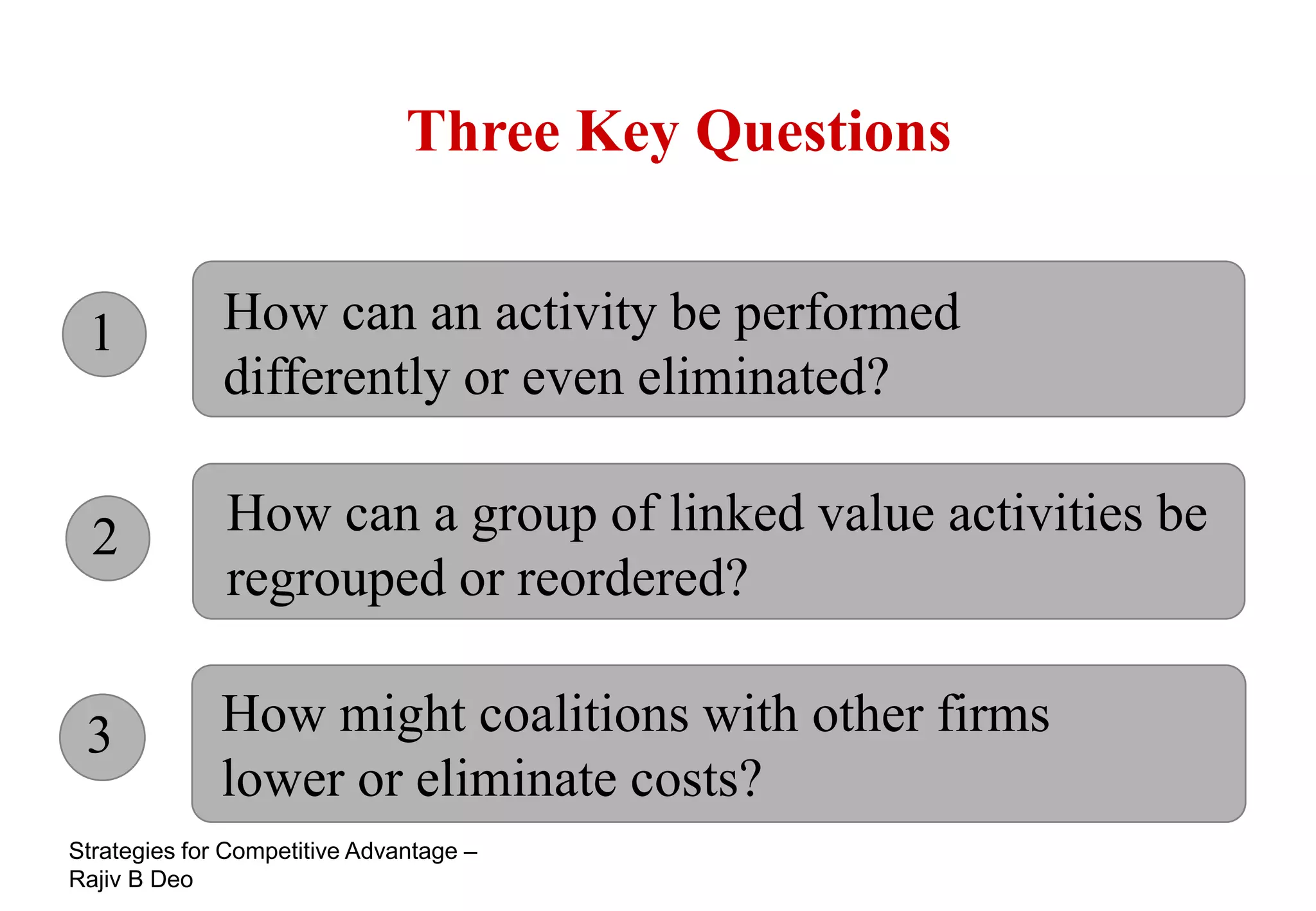 Three Key Questions


 1            How can an activity be performed
              differently or even eliminated?

  2           How can a group of linked value activities be
              regrouped or reordered?

 3            How might coalitions with other firms
              lower or eliminate costs?
Strategies for Competitive Advantage –
Rajiv B Deo
 