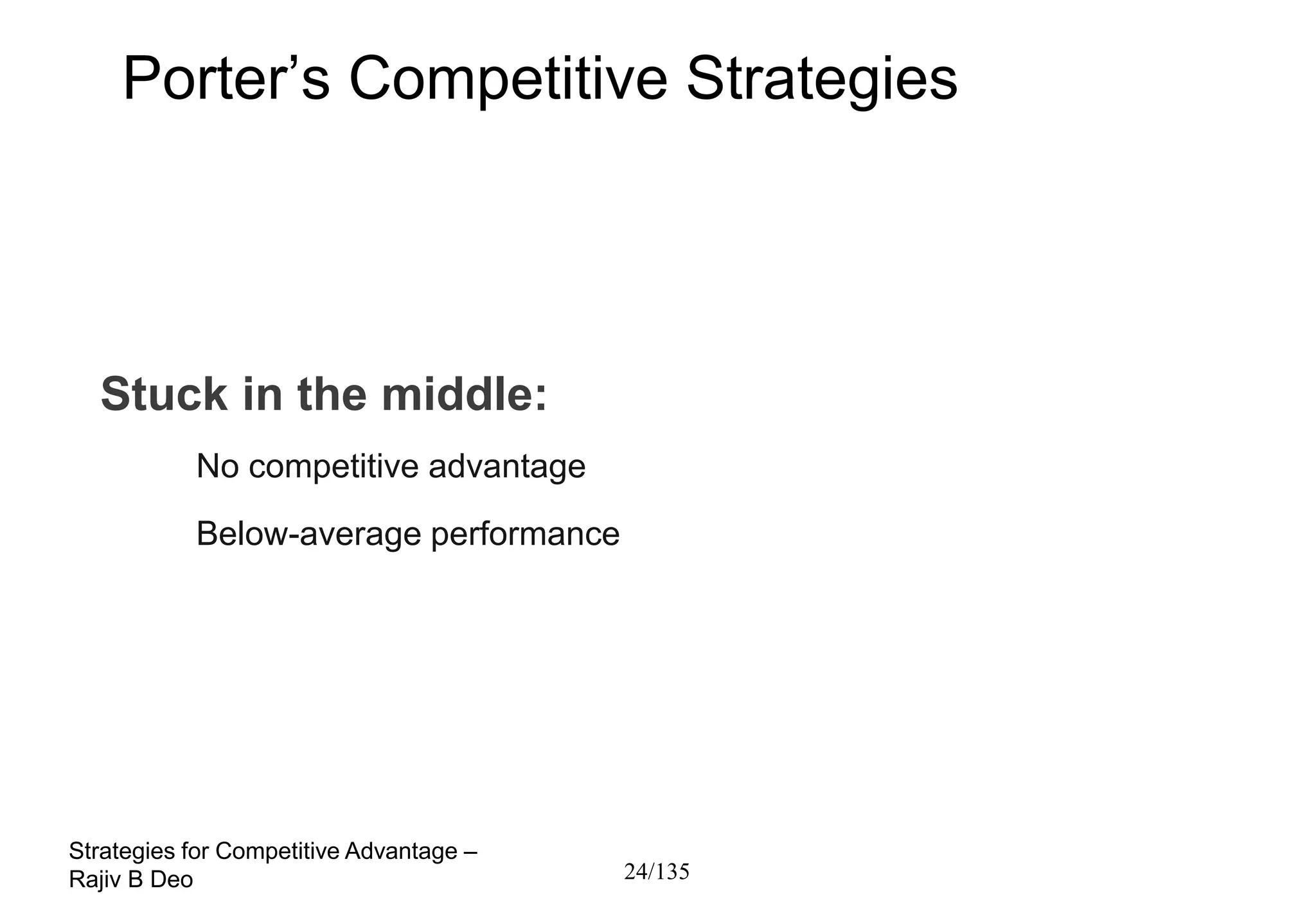 Porter’s Competitive Strategies




  Stuck in the middle:
           No competitive advantage
           Below-average performance




Strategies for Competitive Advantage –
Rajiv B Deo                              24/135
 