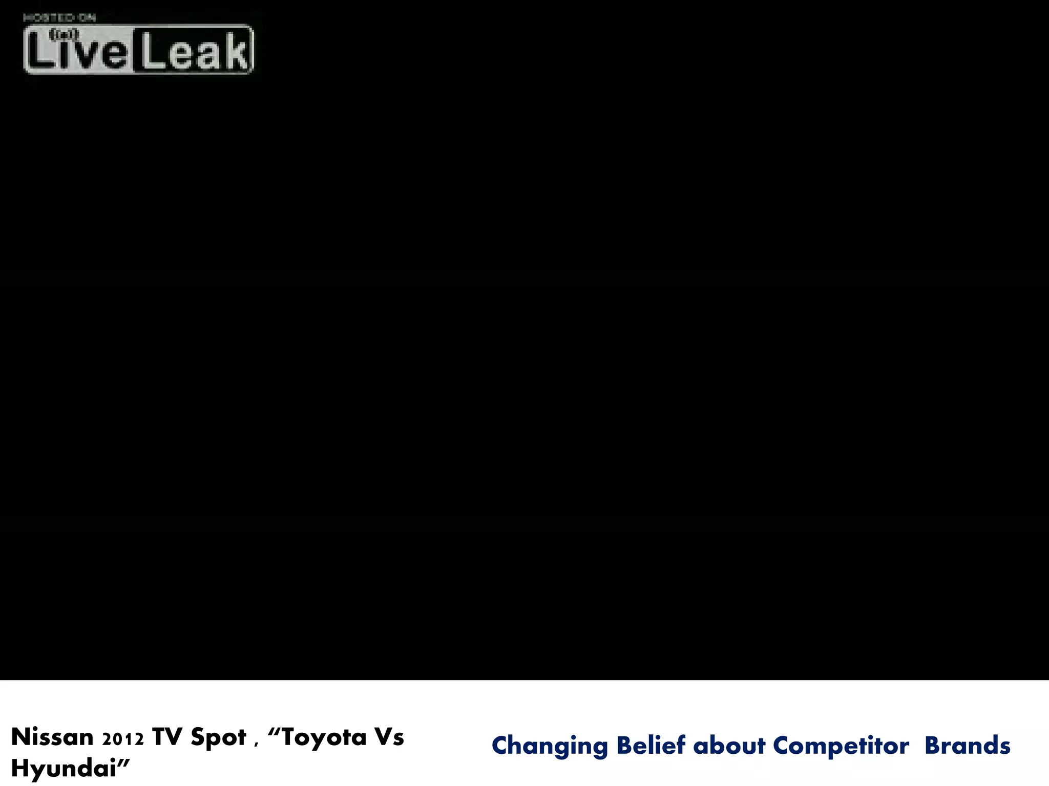 Nissan 2012 TV Spot , “Toyota Vs
Hyundai”
Changing Belief about Competitor Brands
 