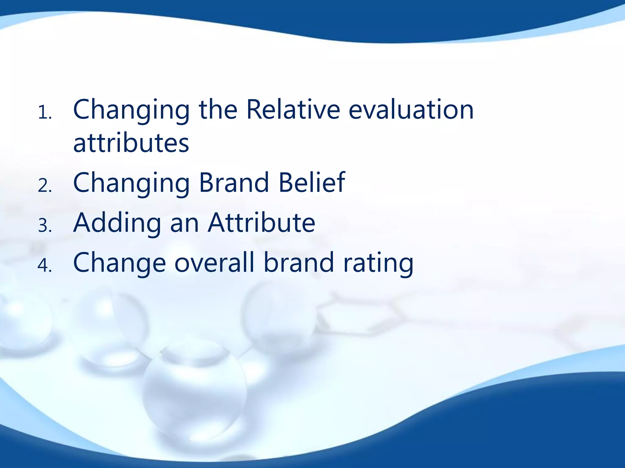 1. Changing the Relative evaluation
attributes
2. Changing Brand Belief
3. Adding an Attribute
4. Change overall brand rating
 