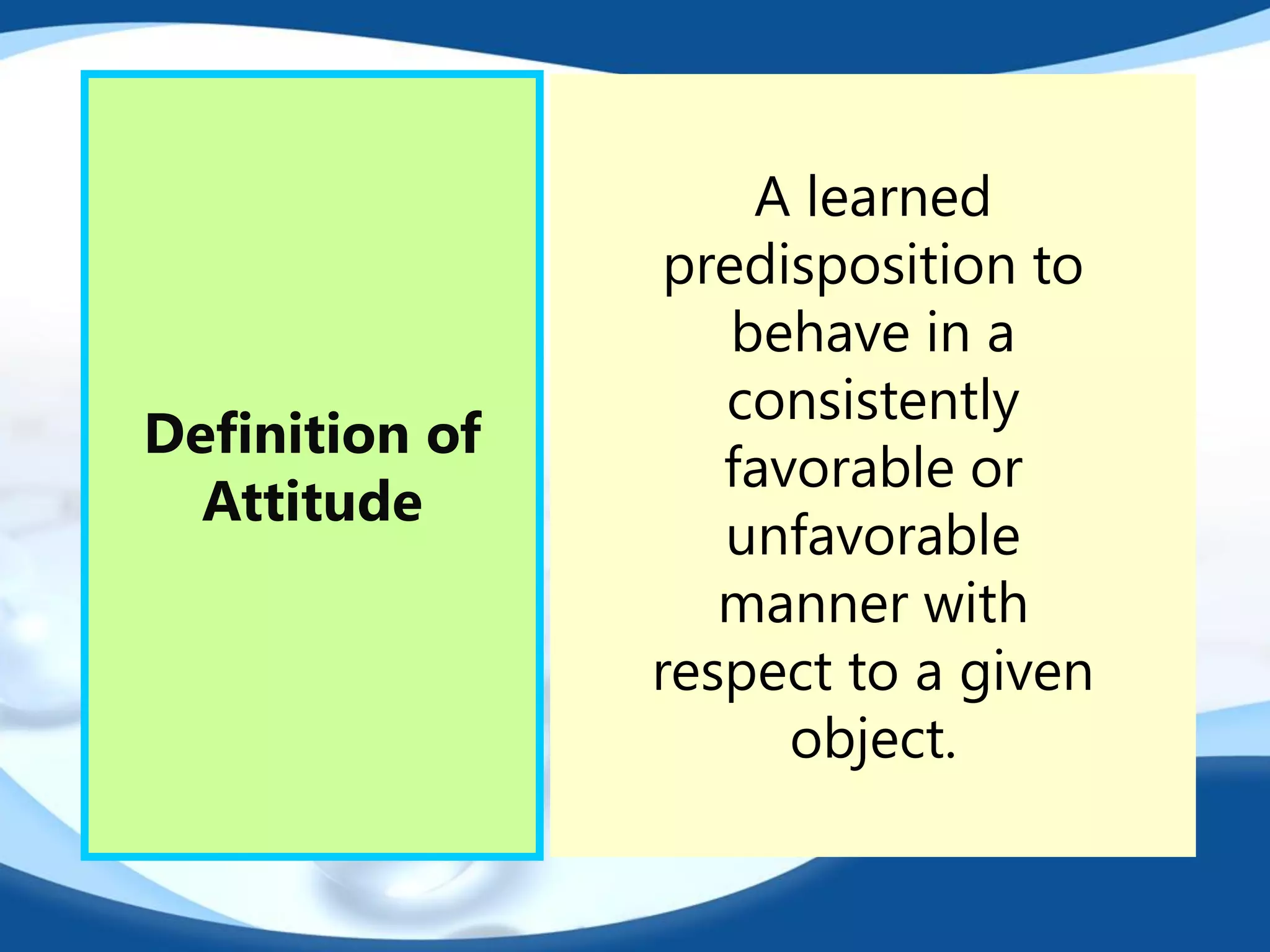 Definition of
Attitude
A learned
predisposition to
behave in a
consistently
favorable or
unfavorable
manner with
respect to a given
object.
 