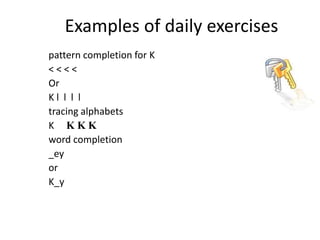 Examples of daily exercises
pattern completion for K
< < < <
Or
K l l l l
tracing alphabets
K K K K
word completion
_ey
or
K_y
 