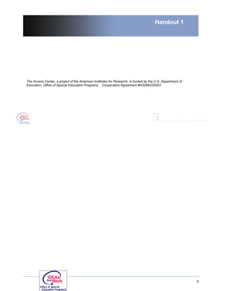 Handout 1




The Access Center, a project of the American Institutes for Research, is funded by the U.S. Department of
Education, Office of Special Education Programs Cooperative Agreement #H326K020003




                                                                                                            9
 
