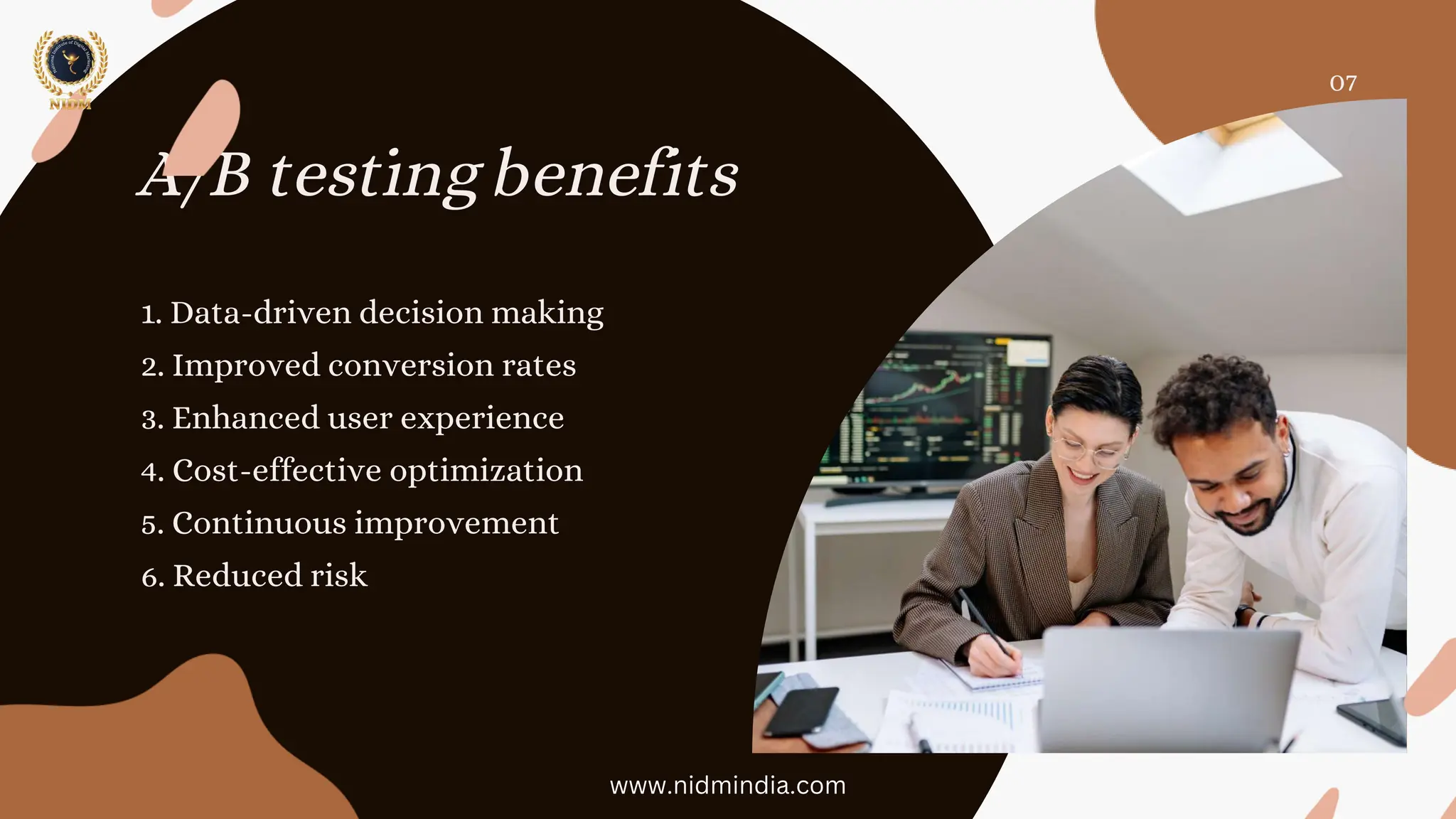 A/B testing benefits
1. Data-driven decision making
2. Improved conversion rates
3. Enhanced user experience
4. Cost-effective optimization
5. Continuous improvement
6. Reduced risk
07
www.nidmindia.com
 