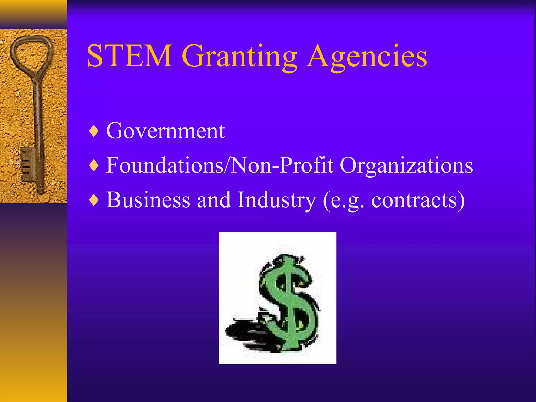 STEM Granting Agencies
♦ Government
♦ Foundations/Non-Profit Organizations
♦ Business and Industry (e.g. contracts)
 