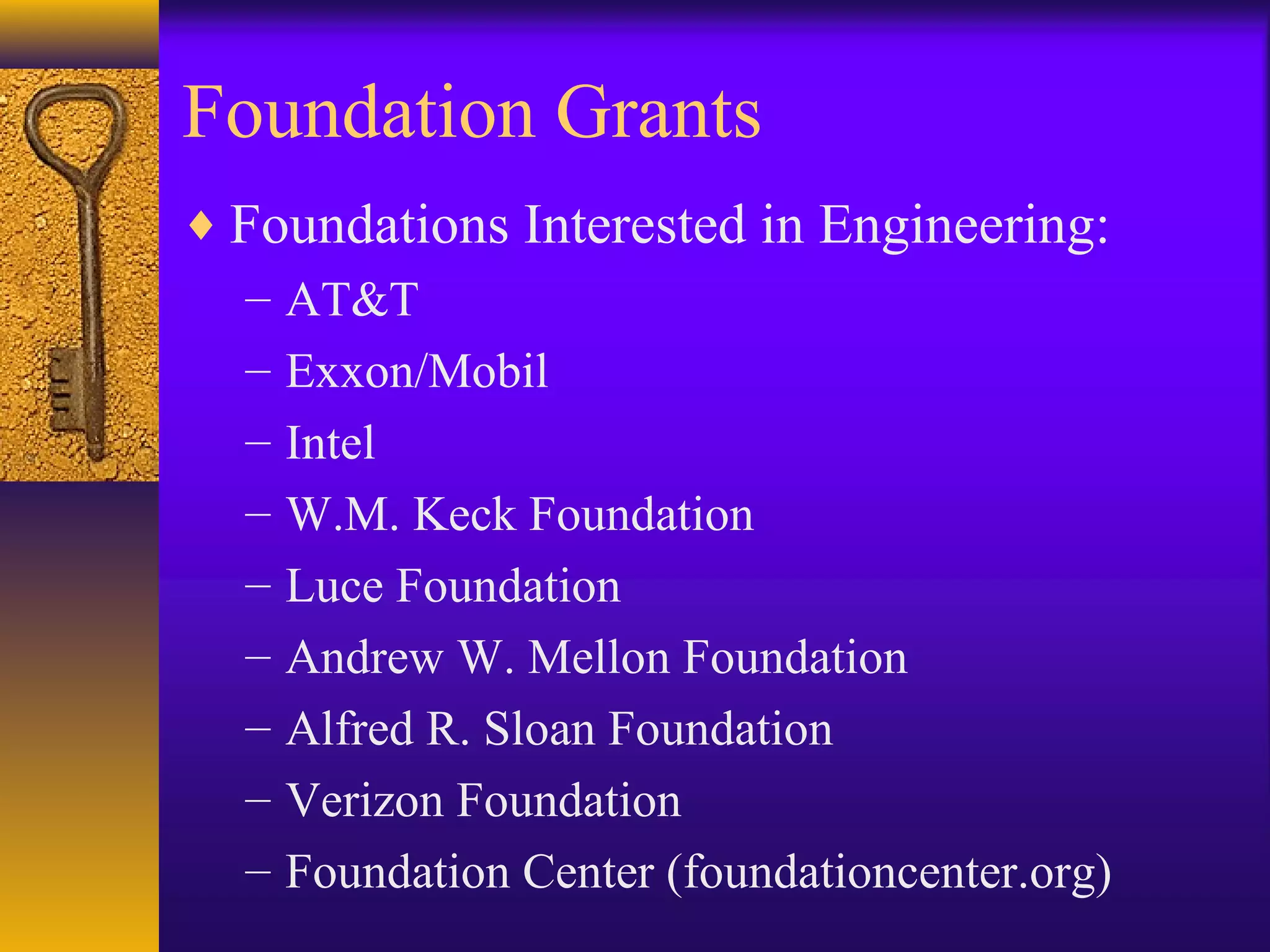 Foundation Grants
♦ Foundations Interested in Engineering:
– AT&T
– Exxon/Mobil
– Intel
– W.M. Keck Foundation
– Luce Foundation
– Andrew W. Mellon Foundation
– Alfred R. Sloan Foundation
– Verizon Foundation
– Foundation Center (foundationcenter.org)
 