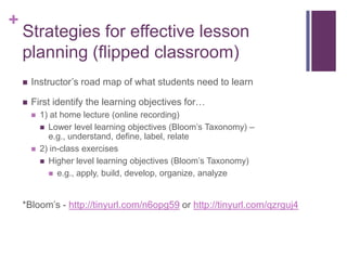 +

Strategies for effective lesson
planning (flipped classroom)


Instructor’s road map of what students need to learn

...