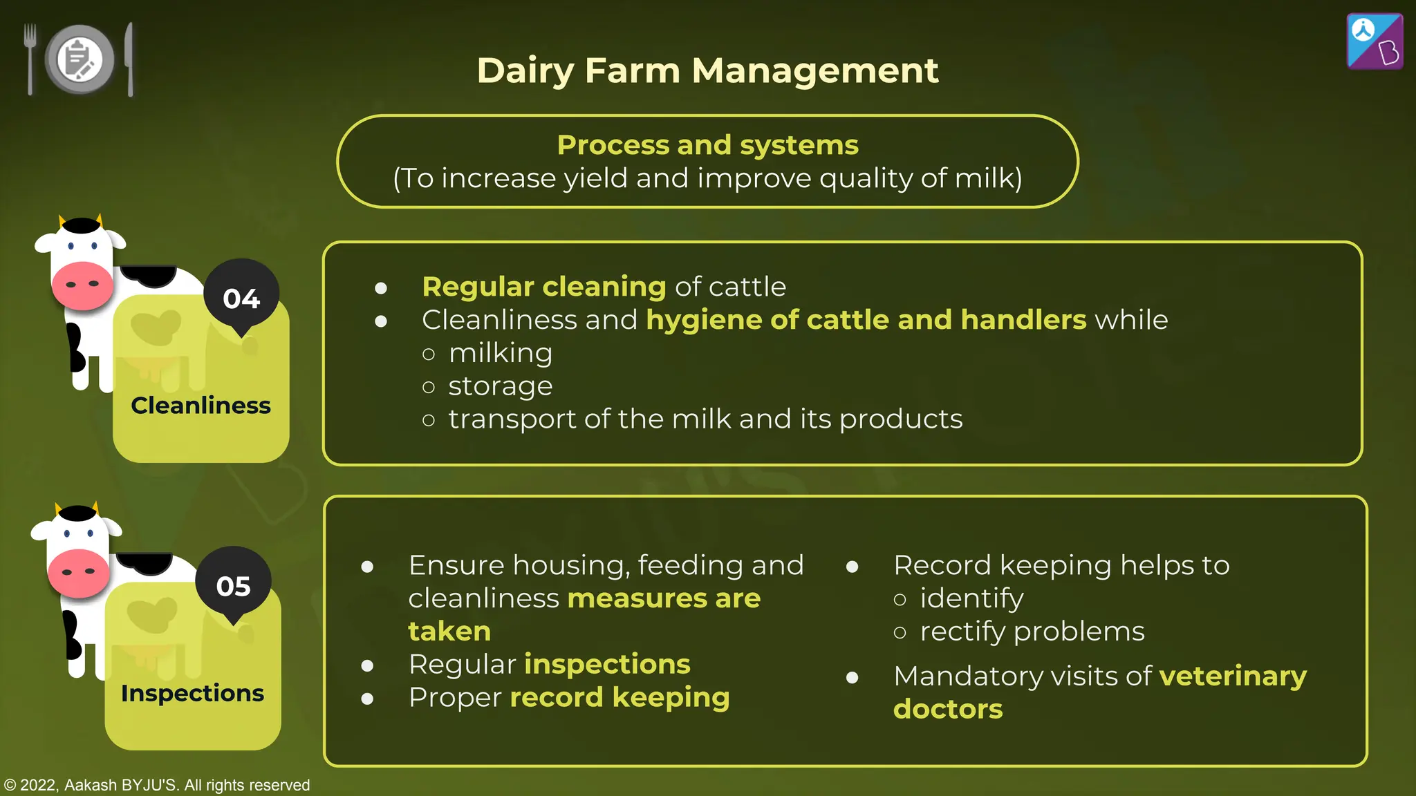 © 2022, Aakash BYJU'S. All rights reserved
● Regular cleaning of cattle
● Cleanliness and hygiene of cattle and handlers while
○ milking
○ storage
○ transport of the milk and its products
● Ensure housing, feeding and
cleanliness measures are
taken
● Regular inspections
● Proper record keeping
● Record keeping helps to
○ identify
○ rectify problems
● Mandatory visits of veterinary
doctors
Process and systems
(To increase yield and improve quality of milk)
Dairy Farm Management
05
Inspections
04
Cleanliness
 