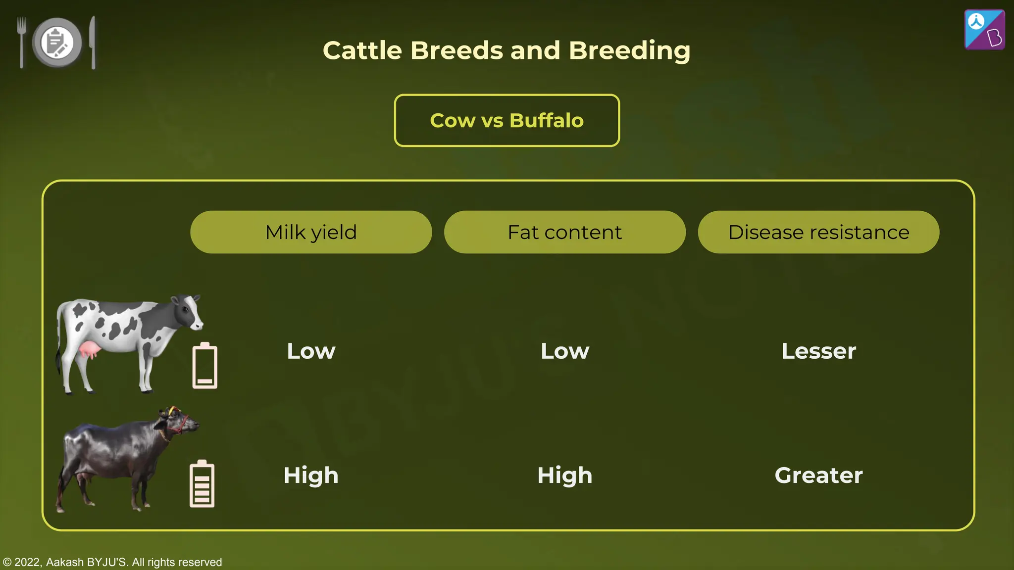 © 2022, Aakash BYJU'S. All rights reserved
Milk yield
Low
High
Fat content
Low
High
Disease resistance
Lesser
Greater
Cow vs Buffalo
Cattle Breeds and Breeding
 