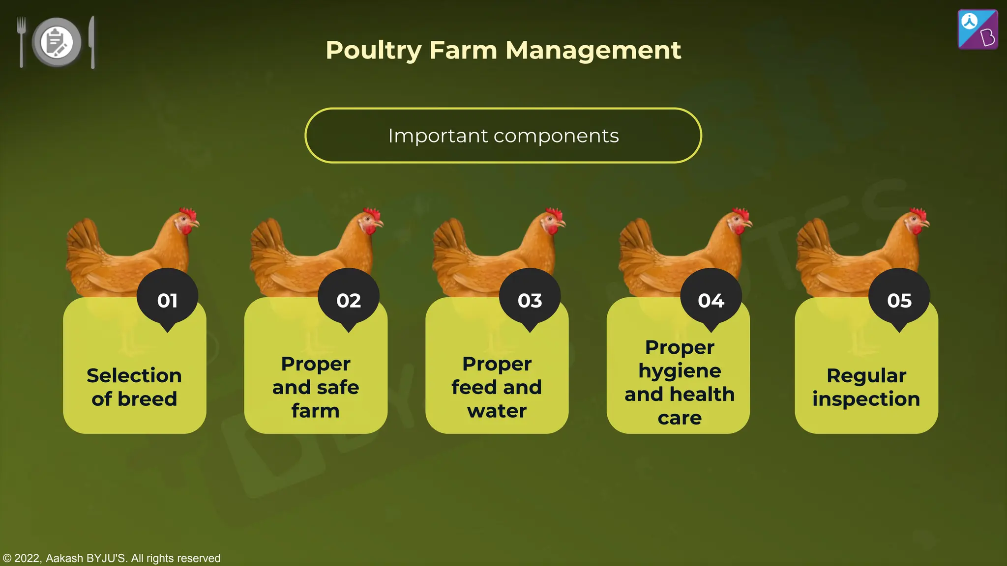 © 2022, Aakash BYJU'S. All rights reserved
Important components
Poultry Farm Management
01
Selection
of breed
05
Regular
inspection
04
Proper
hygiene
and health
care
03
Proper
feed and
water
02
Proper
and safe
farm
 