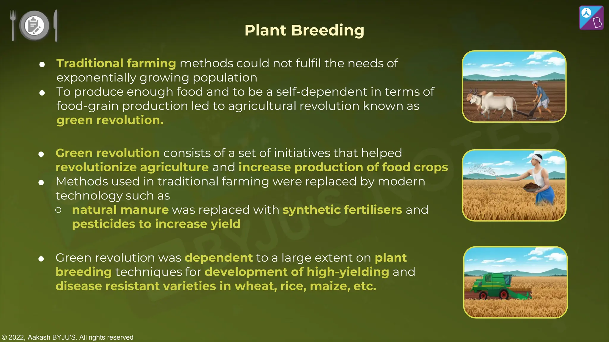 © 2022, Aakash BYJU'S. All rights reserved
 Traditional farming methods could not fulfil the needs of
exponentially growing population
 To produce enough food and to be a self-dependent in terms of
food-grain production led to agricultural revolution known as
green revolution.
Plant Breeding
 Green revolution consists of a set of initiatives that helped
revolutionize agriculture and increase production of food crops
 Methods used in traditional farming were replaced by modern
technology such as
○ natural manure was replaced with synthetic fertilisers and
pesticides to increase yield
 Green revolution was dependent to a large extent on plant
breeding techniques for development of high-yielding and
disease resistant varieties in wheat, rice, maize, etc.
 
