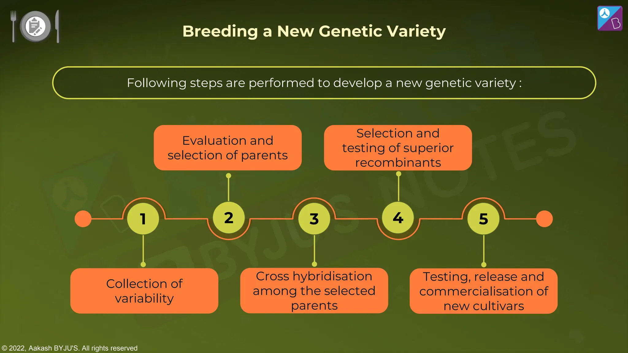 © 2022, Aakash BYJU'S. All rights reserved
Following steps are performed to develop a new genetic variety :
Collection of
variability
Evaluation and
selection of parents
Selection and
testing of superior
recombinants
Breeding a New Genetic Variety
1 2 3 4 5
Cross hybridisation
among the selected
parents
Testing, release and
commercialisation of
new cultivars
 