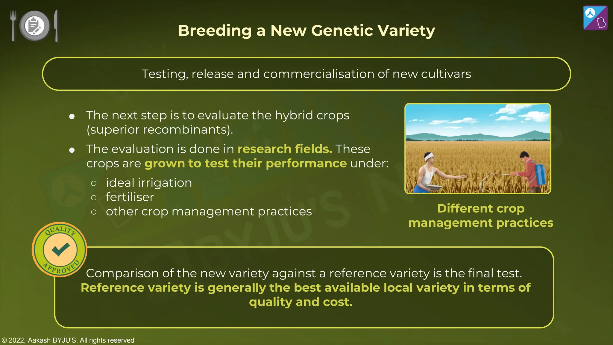 © 2022, Aakash BYJU'S. All rights reserved
 The next step is to evaluate the hybrid crops
(superior recombinants).
 The evaluation is done in research fields. These
crops are grown to test their performance under:
○ ideal irrigation
○ fertiliser
○ other crop management practices Different crop
management practices
Comparison of the new variety against a reference variety is the final test.
Reference variety is generally the best available local variety in terms of
quality and cost.
Breeding a New Genetic Variety
Testing, release and commercialisation of new cultivars
 
