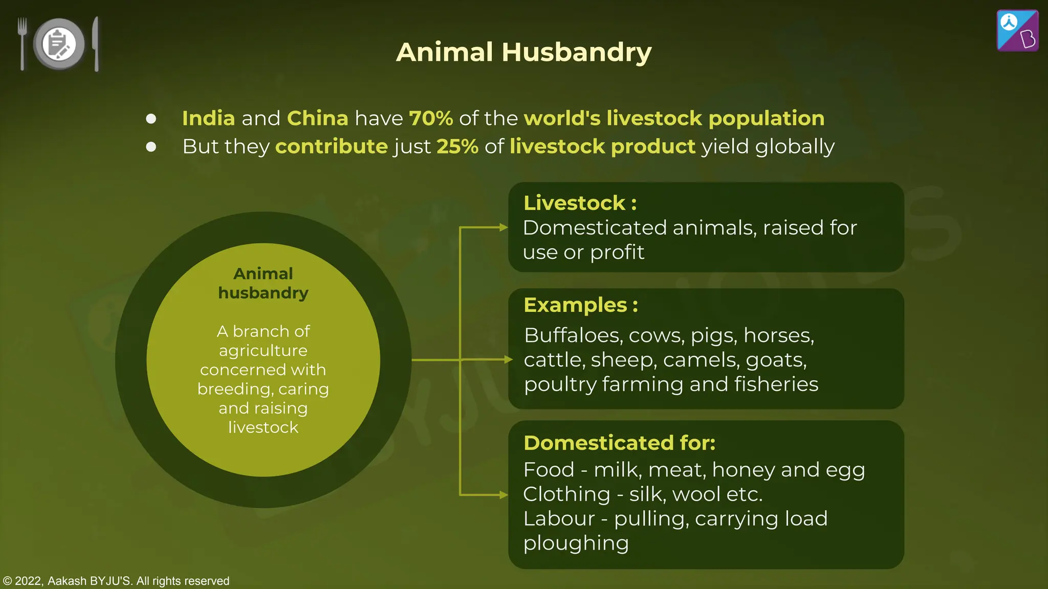 © 2022, Aakash BYJU'S. All rights reserved
● India and China have 70% of the world's livestock population
● But they contribute just 25% of livestock product yield globally
Animal Husbandry
Livestock :
Examples :
Buffaloes, cows, pigs, horses,
cattle, sheep, camels, goats,
poultry farming and fisheries
Domesticated for:
Food - milk, meat, honey and egg
Clothing - silk, wool etc.
Labour - pulling, carrying load
ploughing
Animal
husbandry
A branch of
agriculture
concerned with
breeding, caring
and raising
livestock
Domesticated animals, raised for
use or profit
 