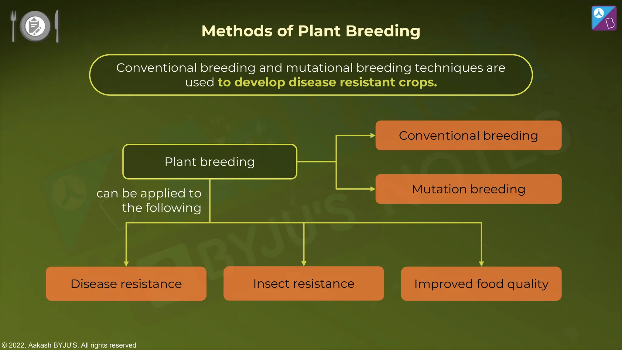 © 2022, Aakash BYJU'S. All rights reserved
can be applied to
the following
Conventional breeding
Mutation breeding
Disease resistance Improved food quality
Insect resistance
Plant breeding
Methods of Plant Breeding
Conventional breeding and mutational breeding techniques are
used to develop disease resistant crops.
 