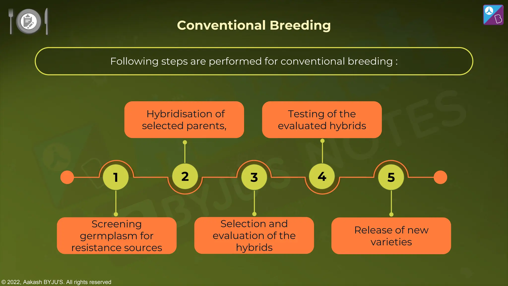 © 2022, Aakash BYJU'S. All rights reserved
Conventional Breeding
Following steps are performed for conventional breeding :
Screening
germplasm for
resistance sources
Hybridisation of
selected parents,
Testing of the
evaluated hybrids
Selection and
evaluation of the
hybrids
Release of new
varieties
1 2 3 4 5
 