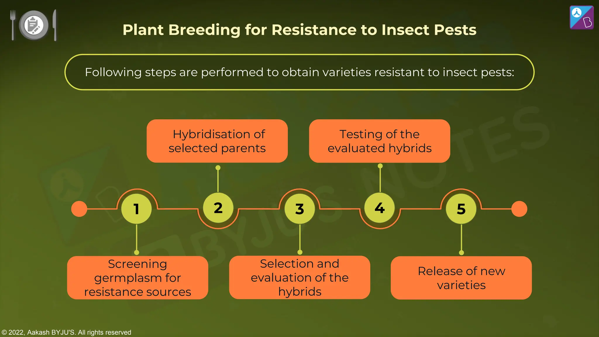 © 2022, Aakash BYJU'S. All rights reserved
Plant Breeding for Resistance to Insect Pests
Following steps are performed to obtain varieties resistant to insect pests:
Screening
germplasm for
resistance sources
Hybridisation of
selected parents
Testing of the
evaluated hybrids
1 2 3 4 5
Selection and
evaluation of the
hybrids
Release of new
varieties
 