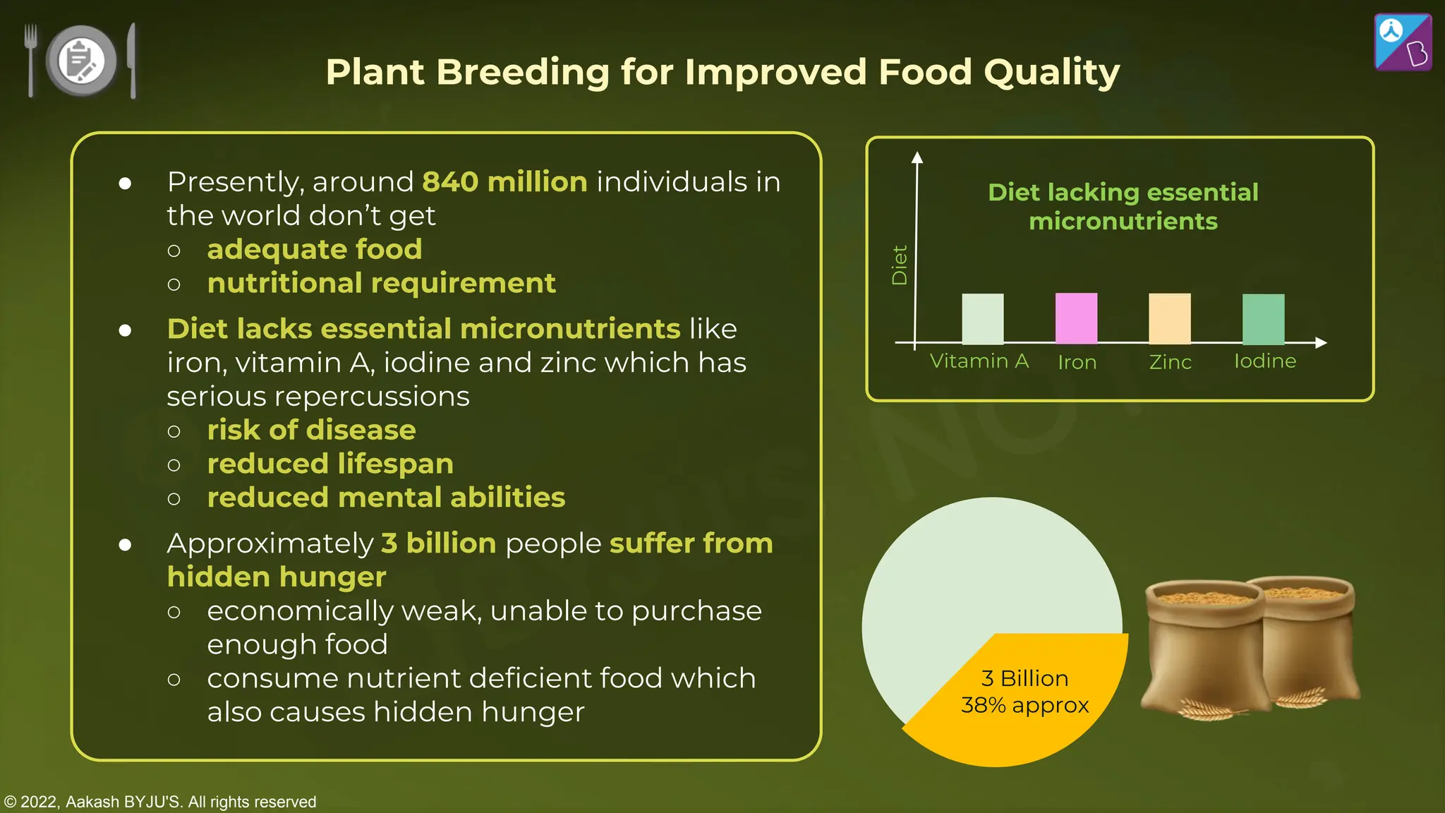 © 2022, Aakash BYJU'S. All rights reserved
● Presently, around 840 million individuals in
the world don’t get
○ adequate food
○ nutritional requirement
● Diet lacks essential micronutrients like
iron, vitamin A, iodine and zinc which has
serious repercussions
○ risk of disease
○ reduced lifespan
○ reduced mental abilities
● Approximately 3 billion people suffer from
hidden hunger
○ economically weak, unable to purchase
enough food
○ consume nutrient deficient food which
also causes hidden hunger
Iron
Vitamin A
Diet
Iodine
Zinc
Diet lacking essential
micronutrients
3 Billion
38% approx
Plant Breeding for Improved Food Quality
 