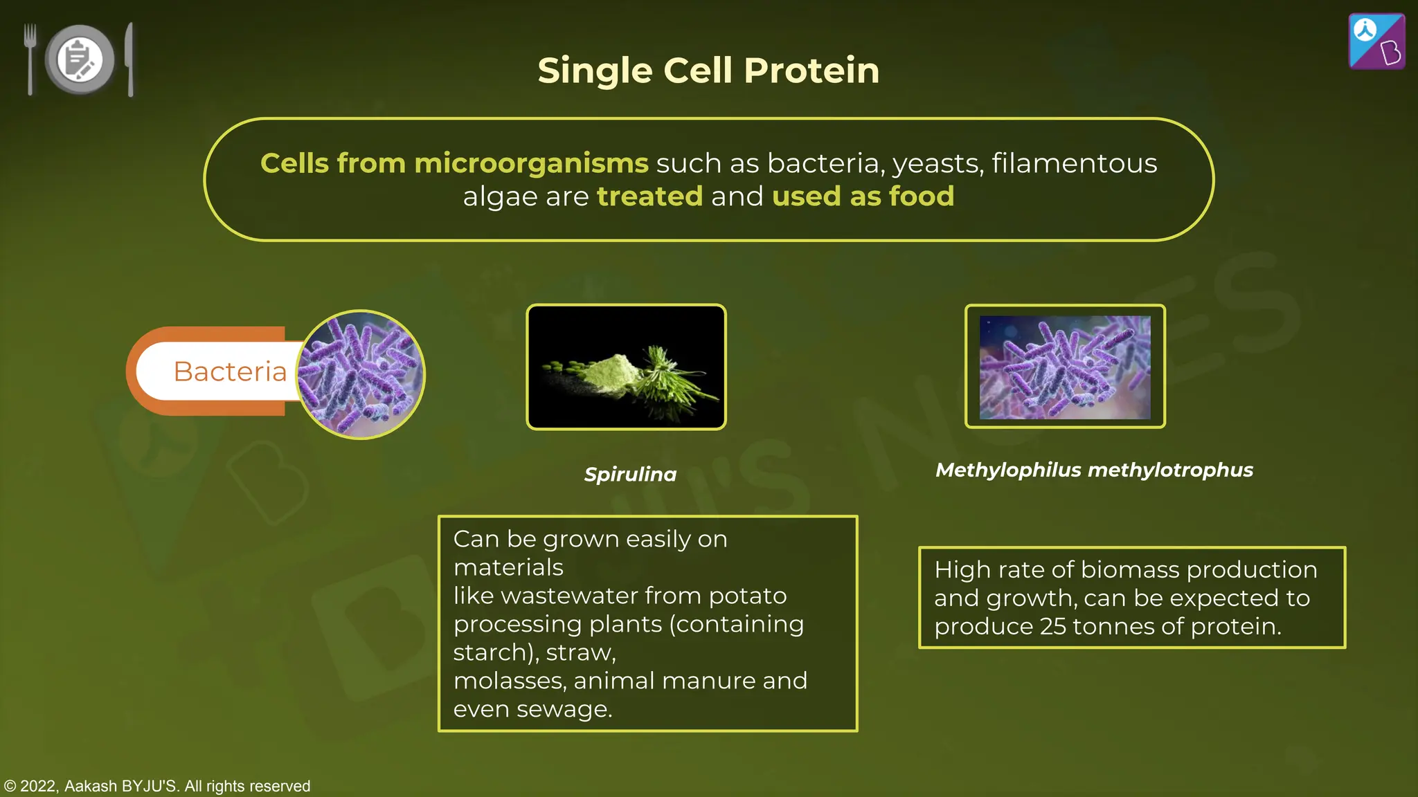 © 2022, Aakash BYJU'S. All rights reserved
Spirulina Methylophilus methylotrophus
Single Cell Protein
Cells from microorganisms such as bacteria, yeasts, filamentous
algae are treated and used as food
Bacteria
Can be grown easily on
materials
like wastewater from potato
processing plants (containing
starch), straw,
molasses, animal manure and
even sewage.
High rate of biomass production
and growth, can be expected to
produce 25 tonnes of protein.
 