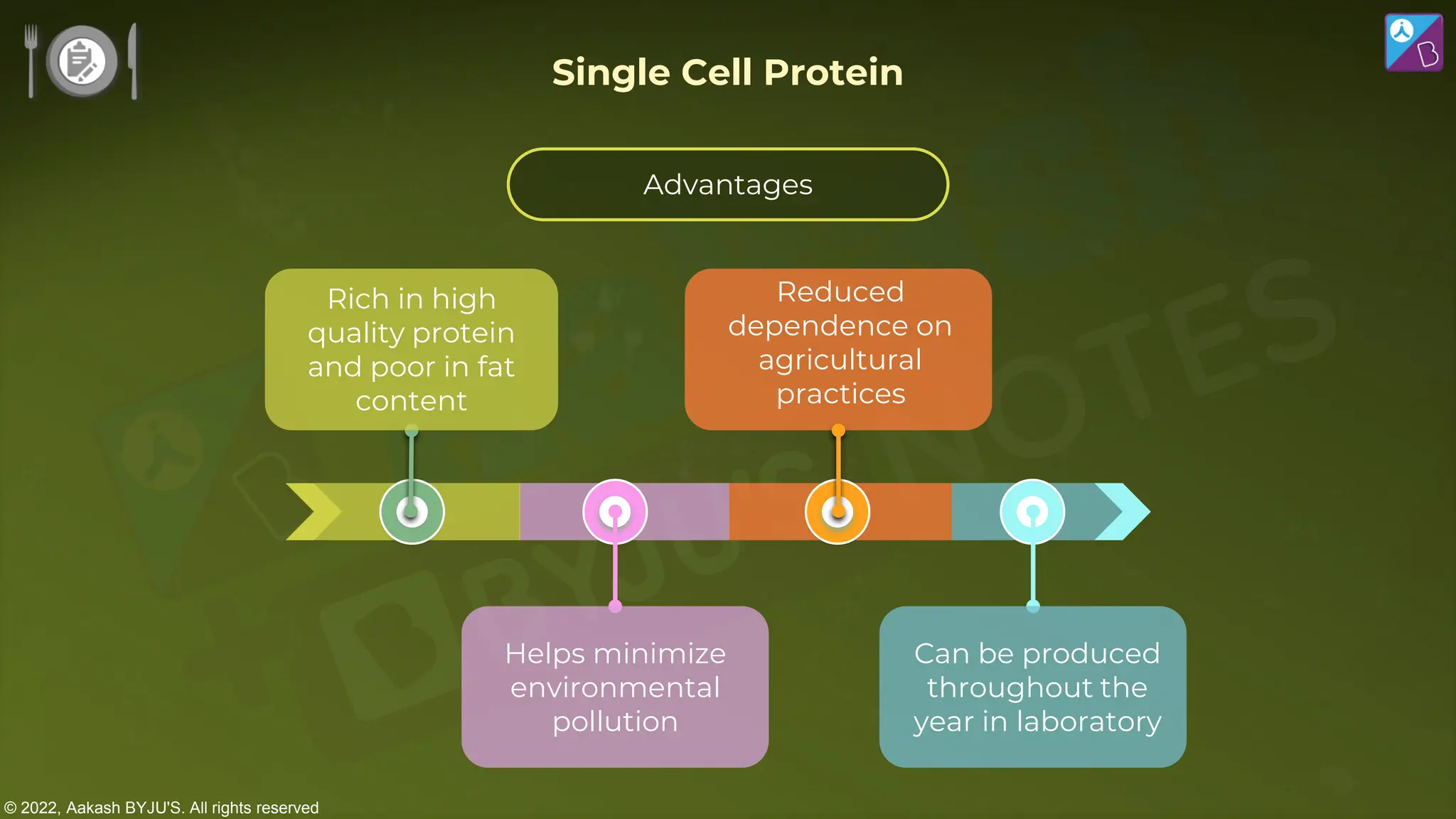 © 2022, Aakash BYJU'S. All rights reserved
Reduced
dependence on
agricultural
practices
Rich in high
quality protein
and poor in fat
content
Can be produced
throughout the
year in laboratory
Helps minimize
environmental
pollution
Single Cell Protein
Advantages
 