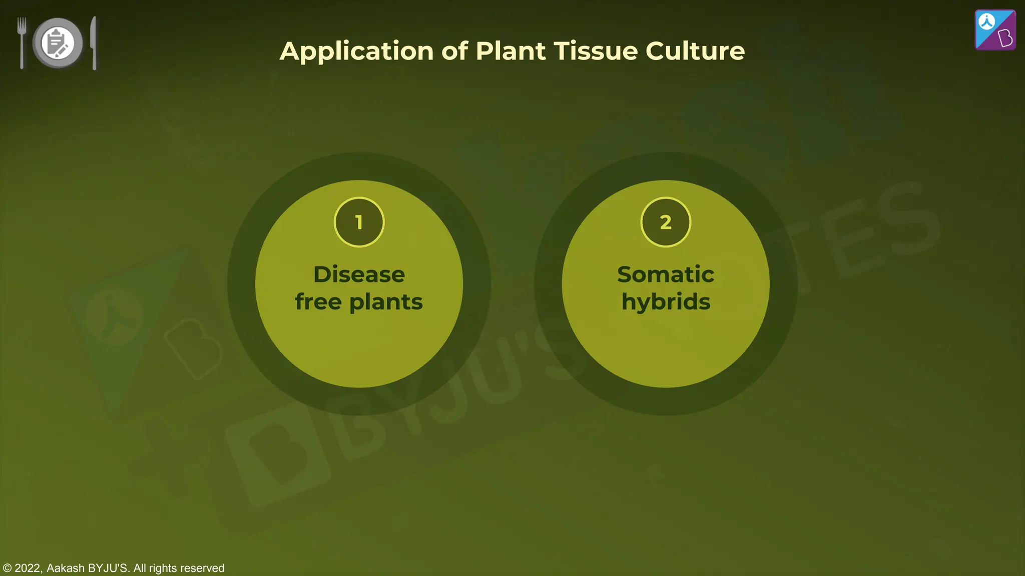 © 2022, Aakash BYJU'S. All rights reserved
Application of Plant Tissue Culture
Disease
free plants
1
Somatic
hybrids
2
 