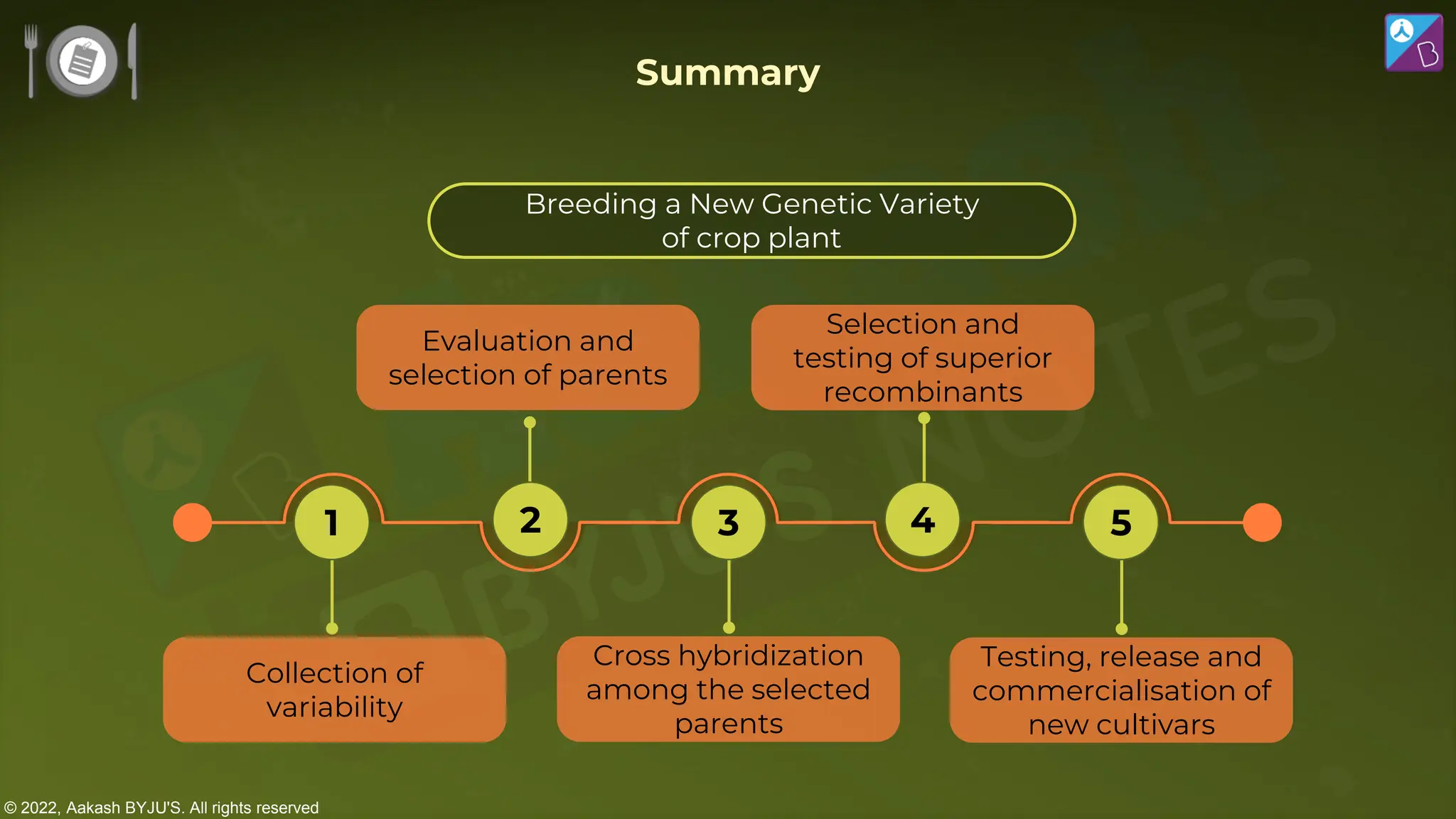 © 2022, Aakash BYJU'S. All rights reserved
Summary
Breeding a New Genetic Variety
of crop plant
Collection of
variability
Evaluation and
selection of parents
Selection and
testing of superior
recombinants
1 2 3 4 5
Cross hybridization
among the selected
parents
Testing, release and
commercialisation of
new cultivars
 