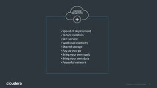 11© Cloudera, Inc. All rights reserved.
+
• Speed of deployment
• Tenant isolation
• Self-service
• Workload elasticity
• Shared storage
• Pay-as-you-go
• Bring your own tools
• Bring your own data
• Powerful network
CLOUD
BENEFITS
 