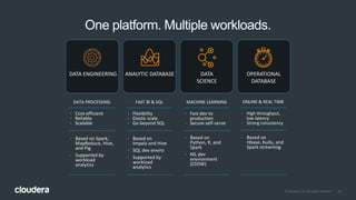 24© Cloudera, Inc. All rights reserved.
One platform. Multiple workloads.
DATA ENGINEERING OPERATIONAL
DATABASE
ANALYTIC DATABASE DATA
SCIENCE
DATA PROCESSING
• Cost-efficient
• Reliable
• Scalable
• Based on Spark,
MapReduce, Hive,
and Pig
• Supported by
workload
analytics
FAST BI & SQL
• Flexibility
• Elastic scale
• Go beyond SQL
• Based on
Impala and Hive
• SQL dev enviro
• Supported by
workload
analytics
MACHINE LEARNING
• Fast dev to
production
• Secure self-serve
• Based on
Python, R, and
Spark
• ML dev
environment
(CDSW)
ONLINE & REAL TIME
• High throughput,
low latency
• Strong consistency
• Based on
Hbase, Kudu, and
Spark streaming
 