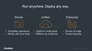38© Cloudera, Inc. All rights reserved.
Run anywhere. Deploy any way.
Simple Unified Enterprise
• Proven at scale
• Trusted security
• Hybrid or multi-cloud
• Platform as a Service
• Simplifies operations
• Works with your tools
 