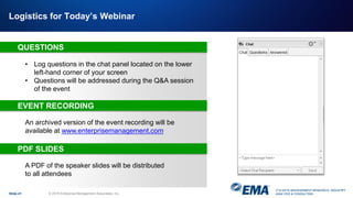 IT & DATA MANAGEMENT RESEARCH, INDUSTRY
ANALYSIS & CONSULTING
Logistics for Today’s Webinar
Slide 41 © 2018 Enterprise Management Associates, Inc.
An archived version of the event recording will be
available at www.enterprisemanagement.com
• Log questions in the chat panel located on the lower
left-hand corner of your screen
• Questions will be addressed during the Q&A session
of the event
QUESTIONS
EVENT RECORDING
A PDF of the speaker slides will be distributed
to all attendees
PDF SLIDES
 