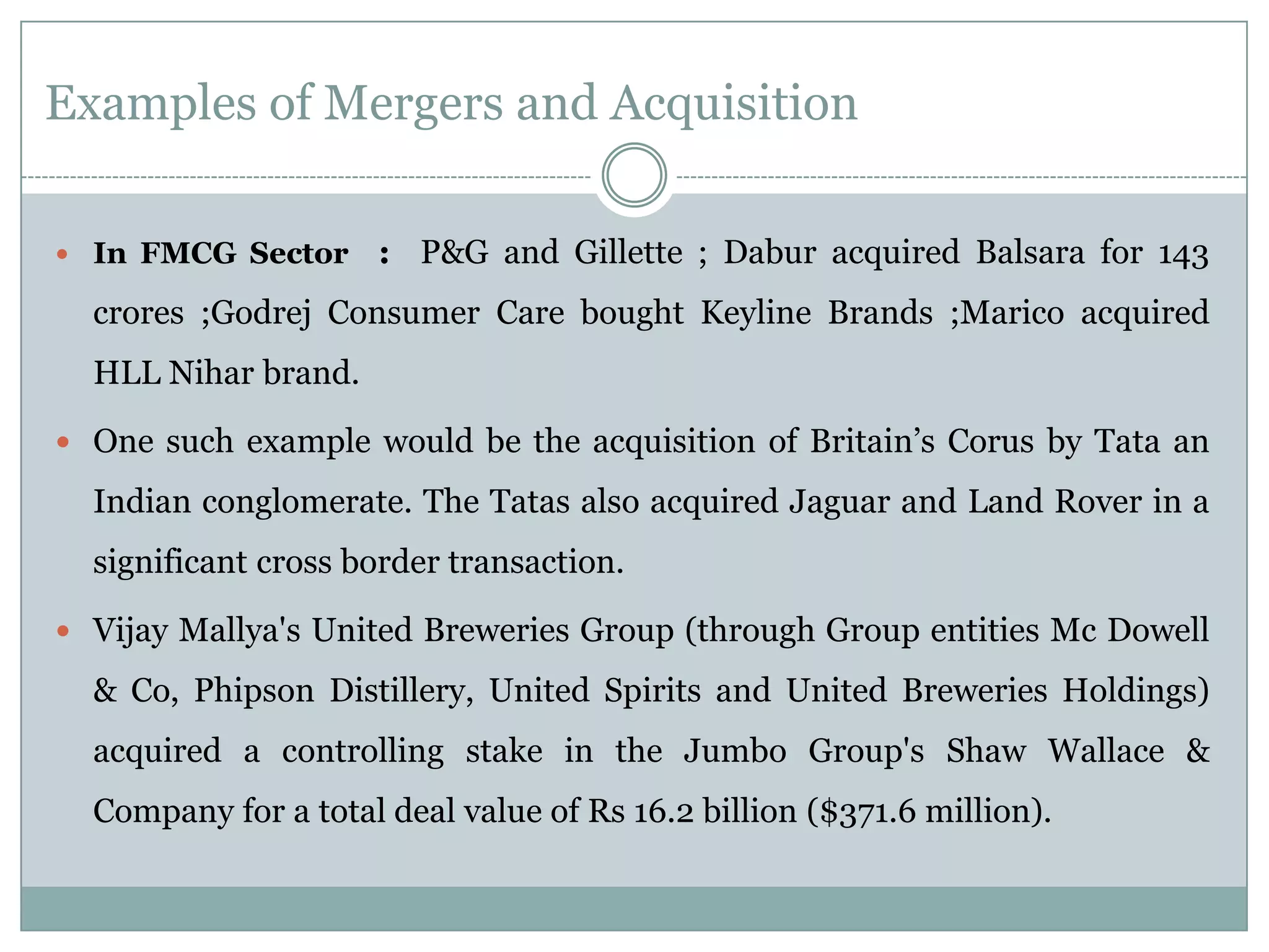 Examples of Mergers and Acquisition

 In FMCG Sector     : P&G and Gillette ; Dabur acquired Balsara for 143
  crores ;Godrej Consumer Care bought Keyline Brands ;Marico acquired
  HLL Nihar brand.

 One such example would be the acquisition of Britain’s Corus by Tata an

  Indian conglomerate. The Tatas also acquired Jaguar and Land Rover in a
  significant cross border transaction.

 Vijay Mallya's United Breweries Group (through Group entities Mc Dowell

  & Co, Phipson Distillery, United Spirits and United Breweries Holdings)
  acquired a controlling stake in the Jumbo Group's Shaw Wallace &
  Company for a total deal value of Rs 16.2 billion ($371.6 million).
 
