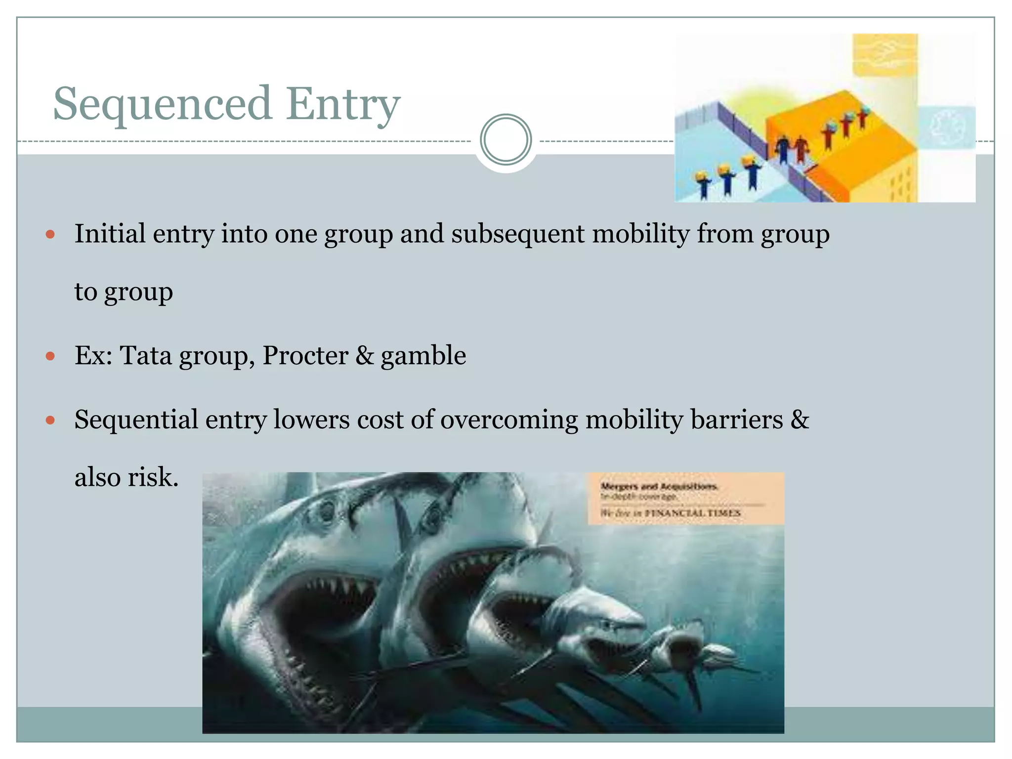 Sequenced Entry

 Initial entry into one group and subsequent mobility from group

  to group

 Ex: Tata group, Procter & gamble

 Sequential entry lowers cost of overcoming mobility barriers &

  also risk.
 