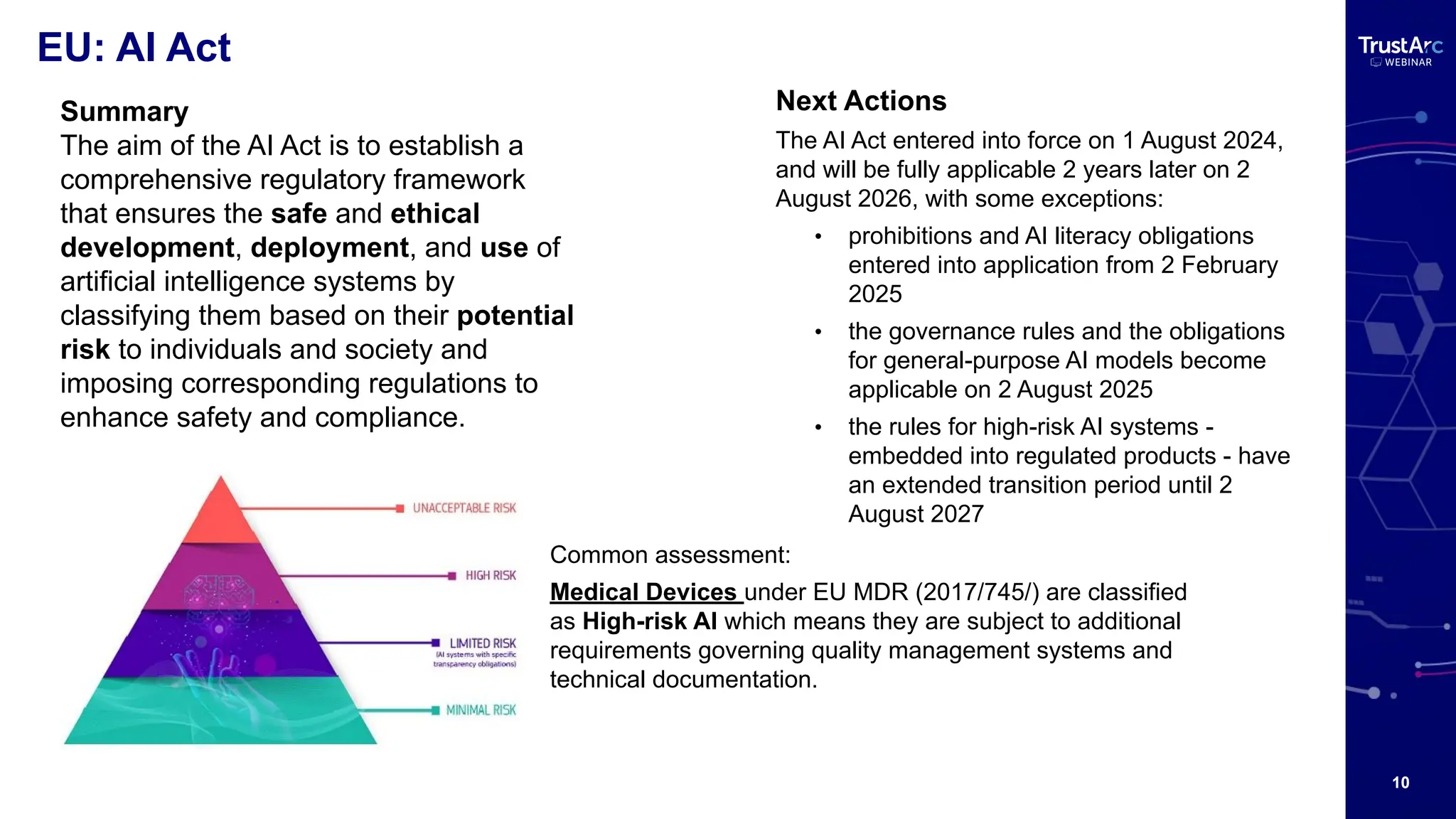 10
EU: AI Act
Next Actions
The AI Act entered into force on 1 August 2024,
and will be fully applicable 2 years later on 2
August 2026, with some exceptions:
• prohibitions and AI literacy obligations
entered into application from 2 February
2025
• the governance rules and the obligations
for general-purpose AI models become
applicable on 2 August 2025
• the rules for high-risk AI systems -
embedded into regulated products - have
an extended transition period until 2
August 2027
Summary
The aim of the AI Act is to establish a
comprehensive regulatory framework
that ensures the safe and ethical
development, deployment, and use of
artificial intelligence systems by
classifying them based on their potential
risk to individuals and society and
imposing corresponding regulations to
enhance safety and compliance.
Common assessment:
Medical Devices under EU MDR (2017/745/) are classified
as High-risk AI which means they are subject to additional
requirements governing quality management systems and
technical documentation.
 