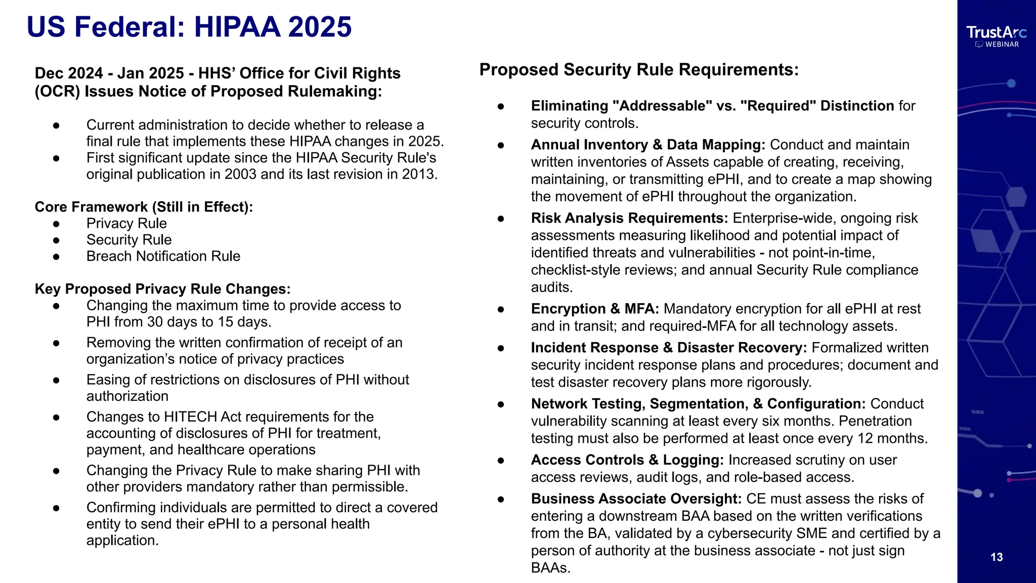 13
Dec 2024 - Jan 2025 - HHS’ Office for Civil Rights
(OCR) Issues Notice of Proposed Rulemaking:
● Current administration to decide whether to release a
final rule that implements these HIPAA changes in 2025.
● First significant update since the HIPAA Security Rule's
original publication in 2003 and its last revision in 2013.
Core Framework (Still in Effect):
● Privacy Rule
● Security Rule
● Breach Notification Rule
Key Proposed Privacy Rule Changes:
● Changing the maximum time to provide access to
PHI from 30 days to 15 days.
● Removing the written confirmation of receipt of an
organization’s notice of privacy practices
● Easing of restrictions on disclosures of PHI without
authorization
● Changes to HITECH Act requirements for the
accounting of disclosures of PHI for treatment,
payment, and healthcare operations
● Changing the Privacy Rule to make sharing PHI with
other providers mandatory rather than permissible.
● Confirming individuals are permitted to direct a covered
entity to send their ePHI to a personal health
application.
US Federal: HIPAA 2025
Proposed Security Rule Requirements:
● Eliminating "Addressable" vs. "Required" Distinction for
security controls.
● Annual Inventory & Data Mapping: Conduct and maintain
written inventories of Assets capable of creating, receiving,
maintaining, or transmitting ePHI, and to create a map showing
the movement of ePHI throughout the organization.
● Risk Analysis Requirements: Enterprise-wide, ongoing risk
assessments measuring likelihood and potential impact of
identified threats and vulnerabilities - not point-in-time,
checklist-style reviews; and annual Security Rule compliance
audits.
● Encryption & MFA: Mandatory encryption for all ePHI at rest
and in transit; and required-MFA for all technology assets.
● Incident Response & Disaster Recovery: Formalized written
security incident response plans and procedures; document and
test disaster recovery plans more rigorously.
● Network Testing, Segmentation, & Configuration: Conduct
vulnerability scanning at least every six months. Penetration
testing must also be performed at least once every 12 months.
● Access Controls & Logging: Increased scrutiny on user
access reviews, audit logs, and role-based access.
● Business Associate Oversight: CE must assess the risks of
entering a downstream BAA based on the written verifications
from the BA, validated by a cybersecurity SME and certified by a
person of authority at the business associate - not just sign
BAAs.
 