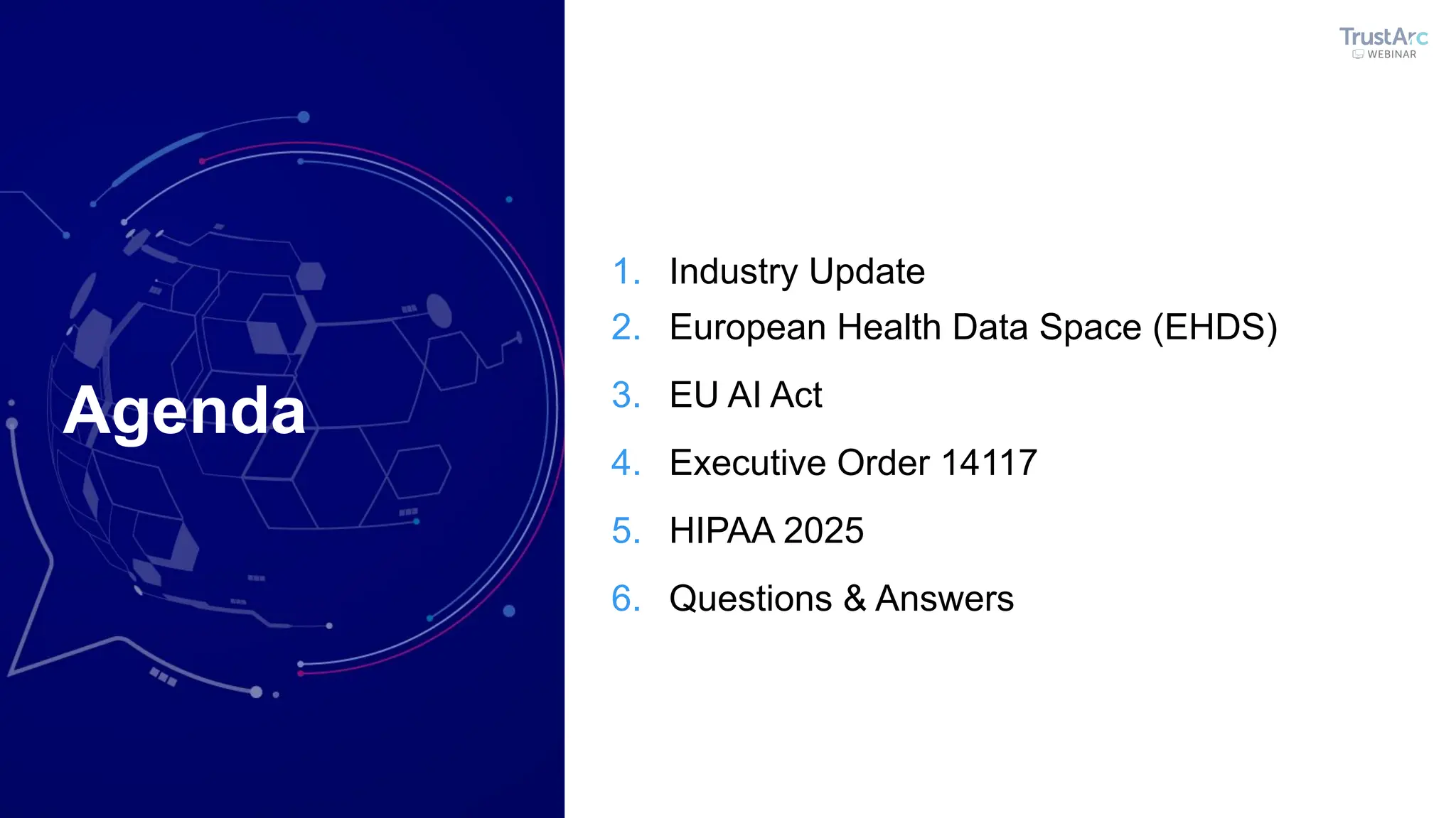 Agenda
1. Industry Update
2. European Health Data Space (EHDS)
3. EU AI Act
4. Executive Order 14117
5. HIPAA 2025
6. Questions & Answers
 