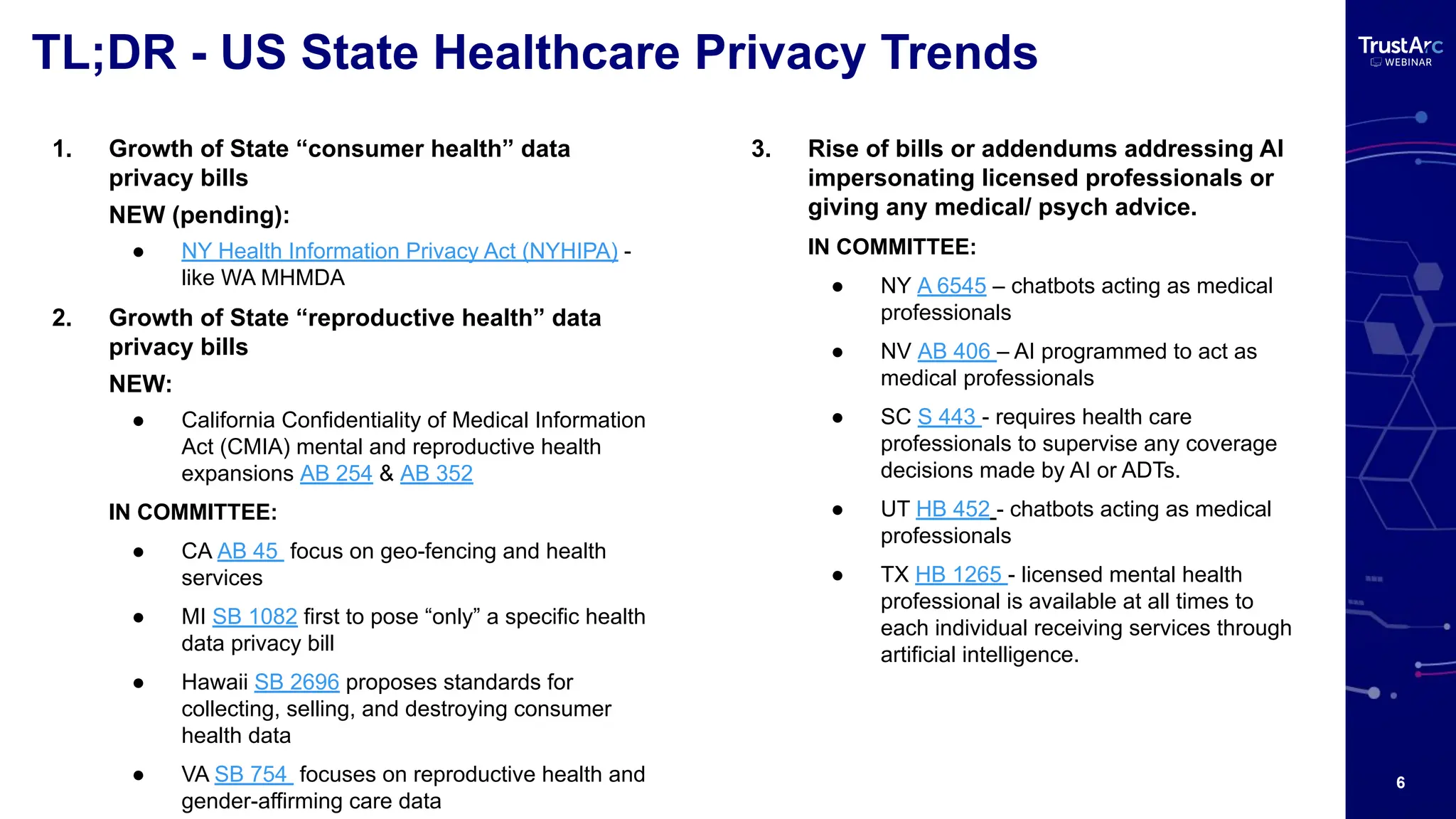 6
TL;DR - US State Healthcare Privacy Trends
1. Growth of State “consumer health” data
privacy bills
NEW (pending):
● NY Health Information Privacy Act (NYHIPA) -
like WA MHMDA
2. Growth of State “reproductive health” data
privacy bills
NEW:
● California Confidentiality of Medical Information
Act (CMIA) mental and reproductive health
expansions AB 254 & AB 352
IN COMMITTEE:
● CA AB 45 focus on geo-fencing and health
services
● MI SB 1082 first to pose “only” a specific health
data privacy bill
● Hawaii SB 2696 proposes standards for
collecting, selling, and destroying consumer
health data
● VA SB 754 focuses on reproductive health and
gender-affirming care data
3. Rise of bills or addendums addressing AI
impersonating licensed professionals or
giving any medical/ psych advice.
IN COMMITTEE:
● NY A 6545 – chatbots acting as medical
professionals
● NV AB 406 – AI programmed to act as
medical professionals
● SC S 443 - requires health care
professionals to supervise any coverage
decisions made by AI or ADTs.
● UT HB 452 - chatbots acting as medical
professionals
● TX HB 1265 - licensed mental health
professional is available at all times to
each individual receiving services through
artificial intelligence.
 