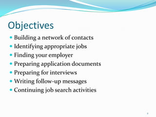 ObjectivesBuilding a network of contactsIdentifying appropriate jobsFinding your employerPreparing application documentsPreparing for interviewsWriting follow-up messagesContinuing job search activities2