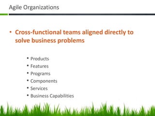 Agile Organizations
• Cross-functional teams aligned directly to
solve business problems
• Products
• Features
• Programs
• Components
• Services
• Business Capabilities
 