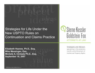 Strategies for Life Under the
New USPTO Rules on
Continuation and Claims Practice


Elizabeth Haanes, Ph.D., Esq.
Mike Messinger, Esq.
Michele A. Cimbala Ph.D., Esq.
September 18, 2007
 