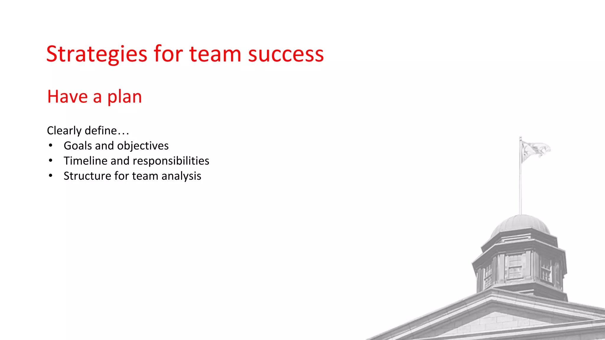 Strategies for team success
Have a plan
Clearly define…
• Goals and objectives
• Timeline and responsibilities
• Structure for team analysis
 